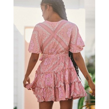 Robe JAASE GIGI courte volantée imprimé bohème aux tons Rose