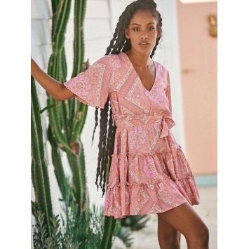 Robe JAASE GIGI courte volantée imprimé bohème aux tons Rose