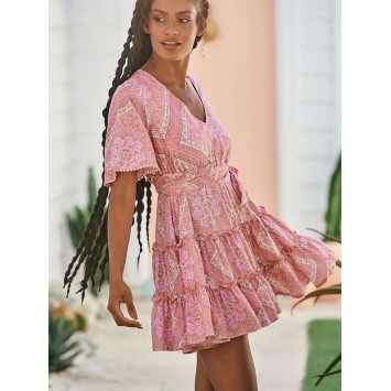 Robe JAASE GIGI courte volantée imprimé bohème aux tons Rose