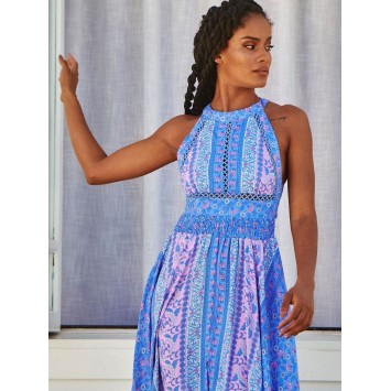 NARAH est une robe JAASE longue et dos nu dans le style bohème romantique imprimé Blueberry
