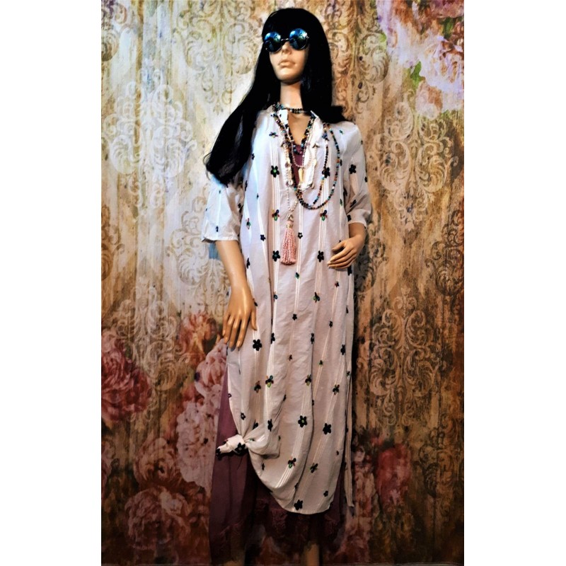 Robe longue LYLY gris clair coton brodé de fleurs