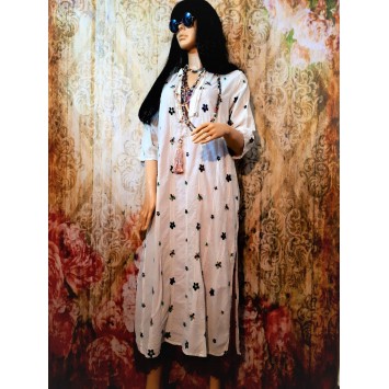 Robe longue LYLY gris clair coton brodé de fleurs