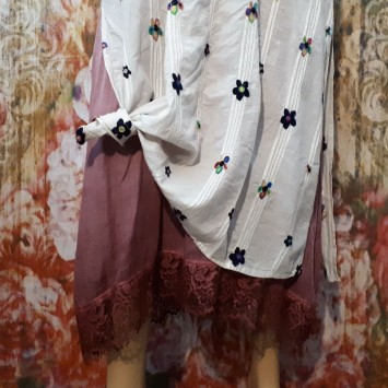 Robe longue LYLY gris clair coton brodé de fleurs