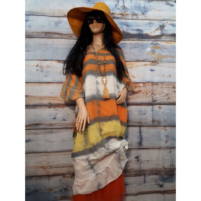 Robe Bohème longue en lin TANIA oversize Tie and Dye
